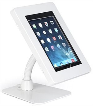 iPad Tablet Counter Stand, Steel Enclosure, Gooseneck Arm - White
