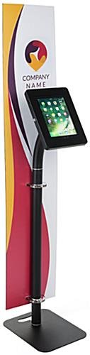 iPad Tablet Floor Stand with Custom Banner, Locking & Rotating Enclosure - Black