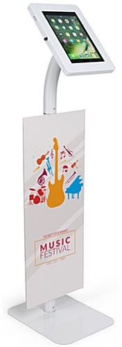 iPad Tablet Floor Stand with Custom Banner, Locking & Rotating Enclosure - White