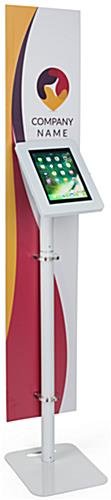 iPad Tablet Floor Stand with Custom Banner, Locking & Rotating Enclosure - White