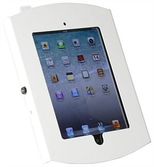 iPad Wall Mount, Locking Enclosure w/ Exposed Home, CC Reader Compatible - White