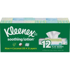 Kleenex Facial Tissue with Lotion, 3-Ply, Flat Box, 130 Tissues, 12 ct