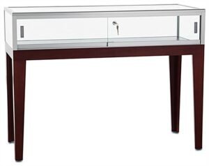 Locking Display Table w/ Tapered Legs, Tempered Glass Top & Locking Door - Cherry