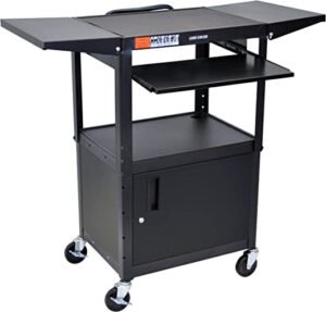 AVJ42KBCDL Metal A/V Cart with Pullout Keyboard Tray, Cabinet and 2 Drop Leaf Shelves, Adjustable Height, Black