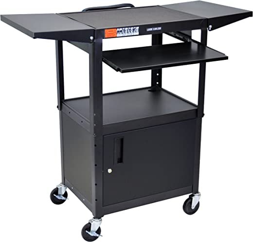 AVJ42KBCDL Metal A/V Cart with Pullout Keyboard Tray, Cabinet and 2 Drop Leaf Shelves, Adjustable Height, Black
