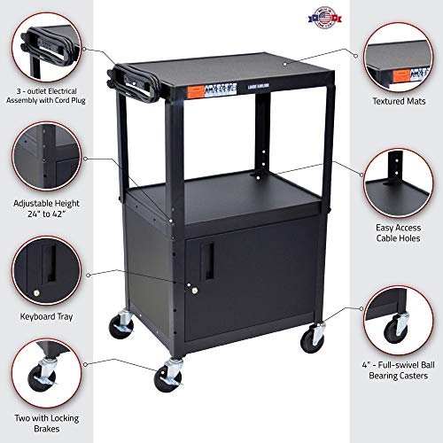 Multipurpose Adjustable Height Steel A/V Utility Cart with Cabinet - Black - Image 3
