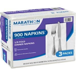 Marathon 1/8 Fold Dinner Napkins, 2-Ply, White, 900 ct