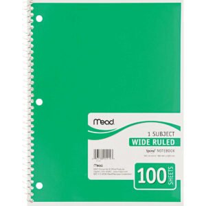 Mead 1-Subject Spiral Notebook, Wide Ruled, Assorted Colors, 10-1/2" x 8", 100 Sheets