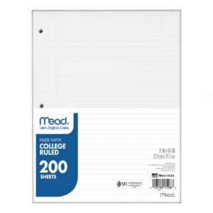 Mead 3-Hole Punch Filler Paper, College Ruled, White, 8.5" x 11", 200 Sheets