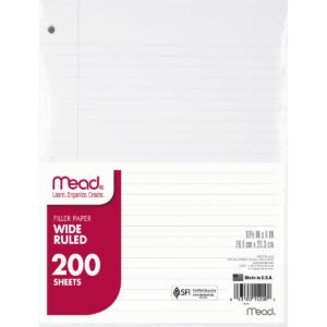 Mead 3-Hole Punch Filler Paper, Wide Ruled, White, 10-1/2” x 8”, 200 Sheets, 2 ct