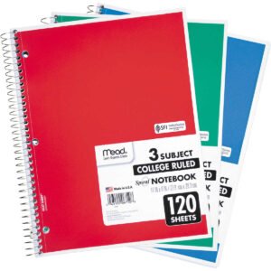 Mead 3-Subject Spiral Notebook, College Ruled, Assorted Colors, 11" x 8, 120 Sheets