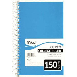 Mead 3-Subject Spiral Notebook, College Ruled, Assorted Colors, 9-1/2" x 6", 150 Sheets