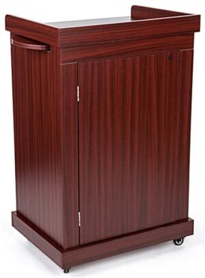 Mobile Lectern with Enclosed Cabinet, Pull-out Shelf, Locking Wheels - Mahogany