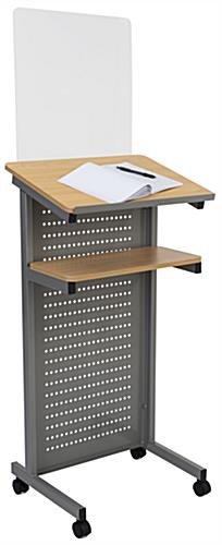 Mobile Podium with Clear Acrylic Sneeze Shield, 2 Shelves, Locking Casters - Silver