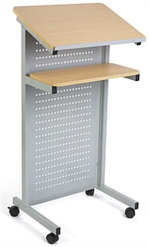 Mobile Podium with Maple Top & 2 Shelves, Locking Casters – Silver