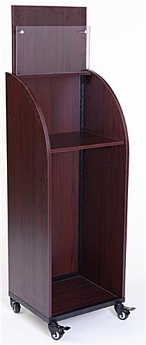 Newspaper Rack with Height-Adjustable Shelf, Header Area, Wheels - Red Mahogany