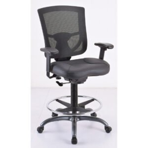 OfficeSource | CoolMesh Pro Collection | Mesh Back Task Stool with Adjustable Arms, Upholstered Leather Seat, Footring and Black Base