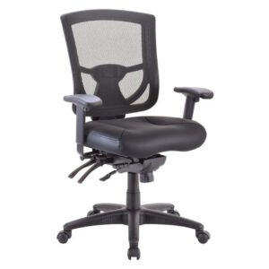 OfficeSource | CoolMesh Pro Collection | Multi-Function, Mid Back Chair with Leather Upholstered Seat, Adjustable Arms and Black Frame