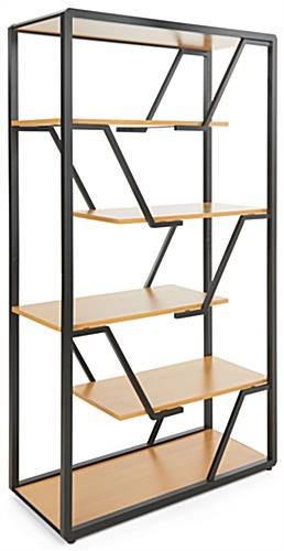 Offset Geometric Shelving Unit with Steel Frame, 6 Tiers, Open Back - Natural
