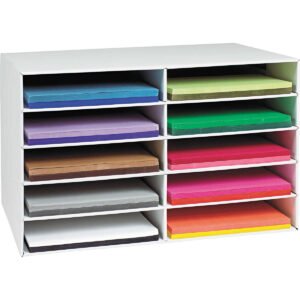 Pacon Classroom Construction Paper Storage, 10 Sections, 26-7/8"W x 16-7/8"D x 18-1/2"H, White