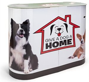 Portable Cardboard Booth Display Counter with Custom Graphics, Inner Shelves – White