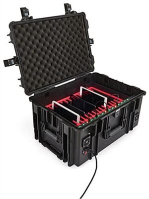 Portable Charging Enclosure w/ 16 Ports, Built-in Wheels, Handle, Double Locks- Black