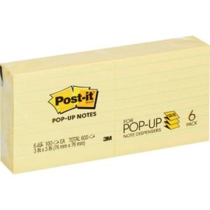 Post-it Dispenser Pop-up Notes, 3" x 3", Canary Yellow, Lined, 100 Sheets, 6 Pads