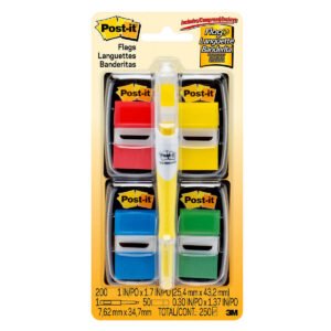 Post-it Flags in Dispenser, Assorted Colors, 1" x 1-3/4", Bonus Highlighter Pen, 225 ct