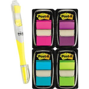 Post-it Flags in Dispenser, Assorted Colors, 1" x 1-3/4", Bonus Highlighter Pen, 200 ct