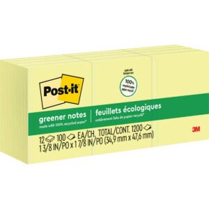 Post-it Greener Notes, 1-3/8" x 1-7/8", Canary Yellow, 100 Sheets, 12 Pads