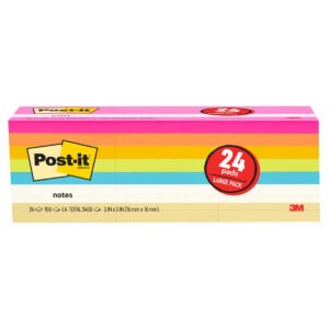 Post-it Notes, 3" x 3", Assorted Colors, 100 Sheets, 24 Pads