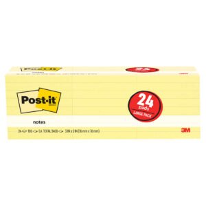 Post-it Notes, 3" x 3", Canary Yellow, 100 Sheets, 24 Pads