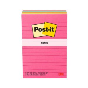 Post-it Notes, 4" x 6", Assorted Bright Colors, Lined, 100 Sheets, 5 Pads