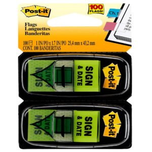 Post-it "Sign & Date" Flags in Dispenser, Green, 1" x 1-3/4", 300 Flags