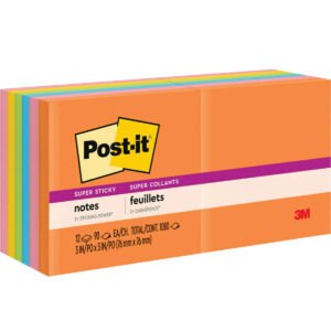 Post-it Super Sticky Notes, 3" x 3", Energy Boost Collection, 90 Sheets, 12 Pads