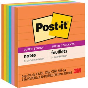 Post-it Super Sticky Notes, 4" x 4", Energy Boost Collection, Lined, 90 Sheets, 6 Pads
