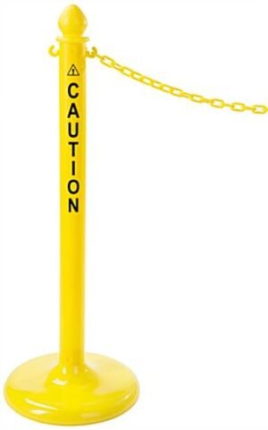 QueuePole.Outdoor Yellow Stanchion Post w/ 6.5’ Yellow Linked Chain, Caution Message