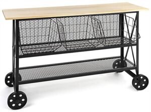 Retail Cart w/ Wheels, 47.25" W x 16.5" D x 32" H, Iron and Oak - Black