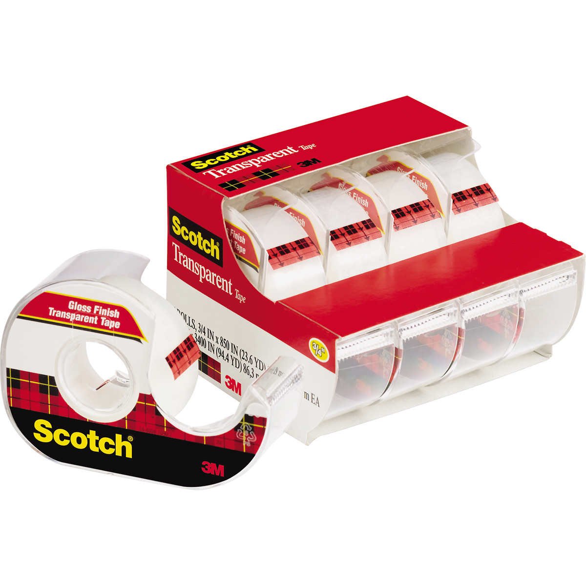Scotch Transparent Tape with Dispenser, 3/4" x 850", Clear, 4 ct