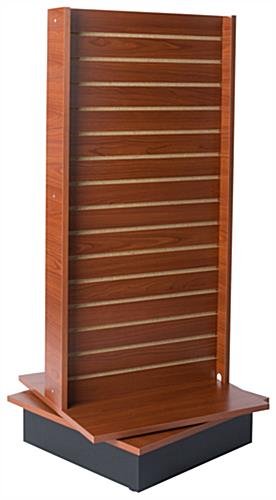 Slatwall Kiosk, I-Shaped, 2 Sides, Rotating, Base Wheels – Cherry