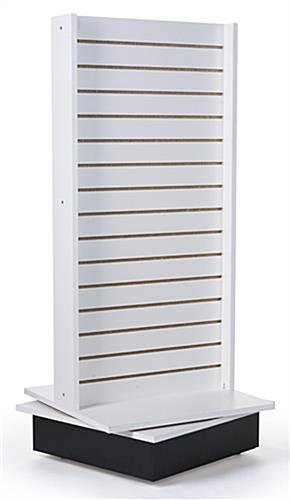 Slatwall Kiosk, I-Shaped, 2 Sides, Rotating, Base Wheels - White