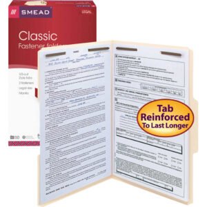 Smead Fastener Folder, 2 Fasteners, Reinforced 1/3-Cut Tab, Legal, Manila, 50 ct