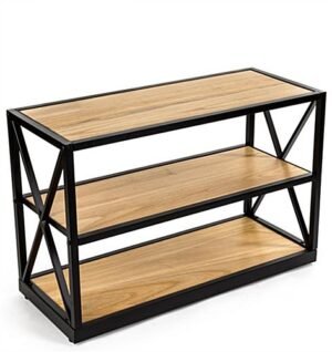 Steel Frame X-Sided Shelving Unit with 3 Solid Wood Tiers, Open Back - Natural