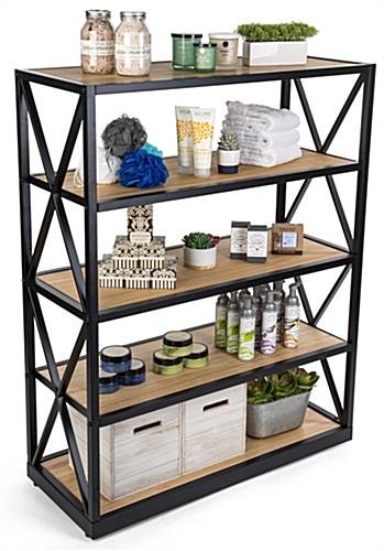 Steel Frame X-Sided Shelving Unit with 5 Solid Wood Tiers, Open Back - Natural - Image 6