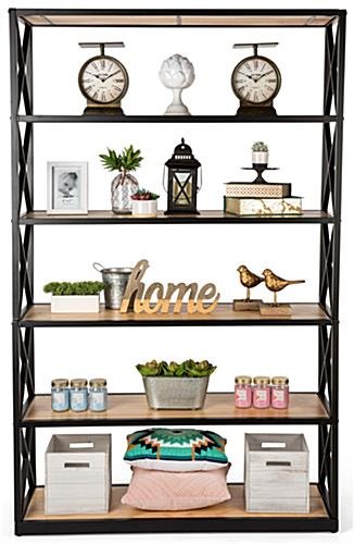 Steel Frame X-Sided Shelving Unit with 6 Solid Wood Tiers, Open Back - Natural - Image 4