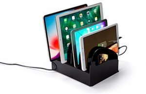 Tabletop Charging Station w/ Adjustable Dividers and 10 Braided Charge Cables - Black