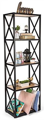 Tall Steel Frame X-Sided Shelving Unit with 5 Solid Wood Tiers - Natural