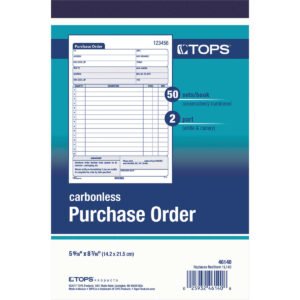 TOPS Carbonless 2-Part Purchase Order Book, 15 Lines, 5-9/16" x 8-7/16", 50 Sets
