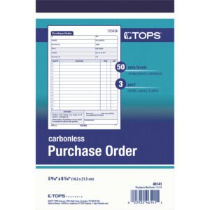 TOPS Carbonless 3-Part Purchase Order Book, 15-Line, 5-1/2" x 8-7/16", 50 Sets