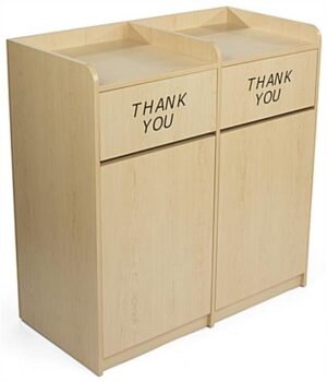 Trash Receptacle for (2) 36 Gallon Bins, Tray Shelves, THANK YOU Message - Maple